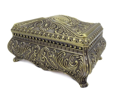 Elegante caja metálica decorativa con grabado