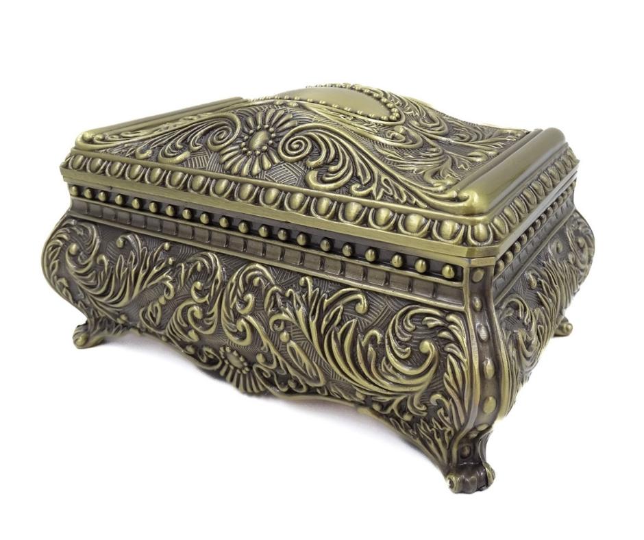 Elegante caja metálica decorativa con grabado