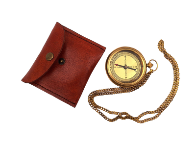 Brújula de latón con cadena en estuche de cuero con posibilidad de personalización mediante grabado