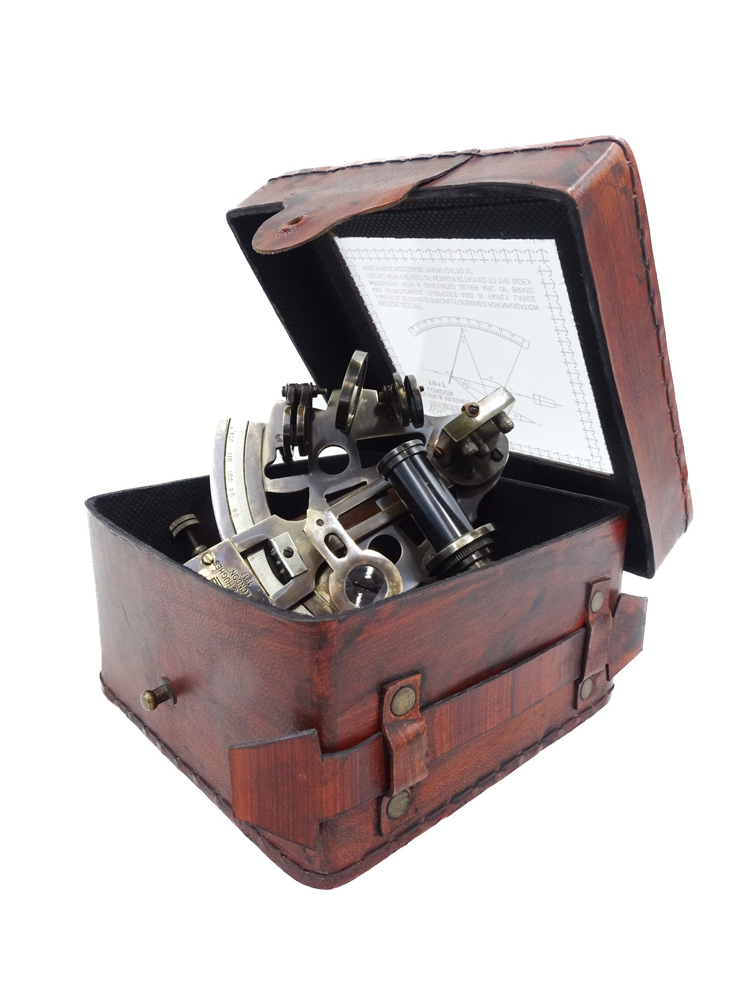 Sextante de latón con grabado en caja de cuero - réplica de 1917, ideal para regalo a navegantes y astrónomos, dimensiones 13x12x6 cm, antigüedad, material: latón y vidrio