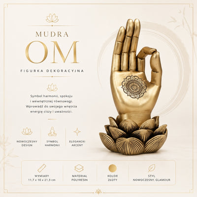 Figura dorada Mano de Buda Mudra OM con grabado - decoración elegante para regalo - flor de loto, 21 cm, polyresina, estilo glamour