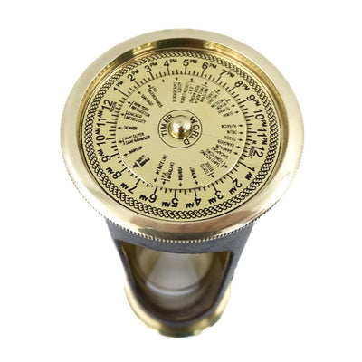Reloj de arena de 5 minutos con reloj mundial y calendario perpetuo en estuche de cuero