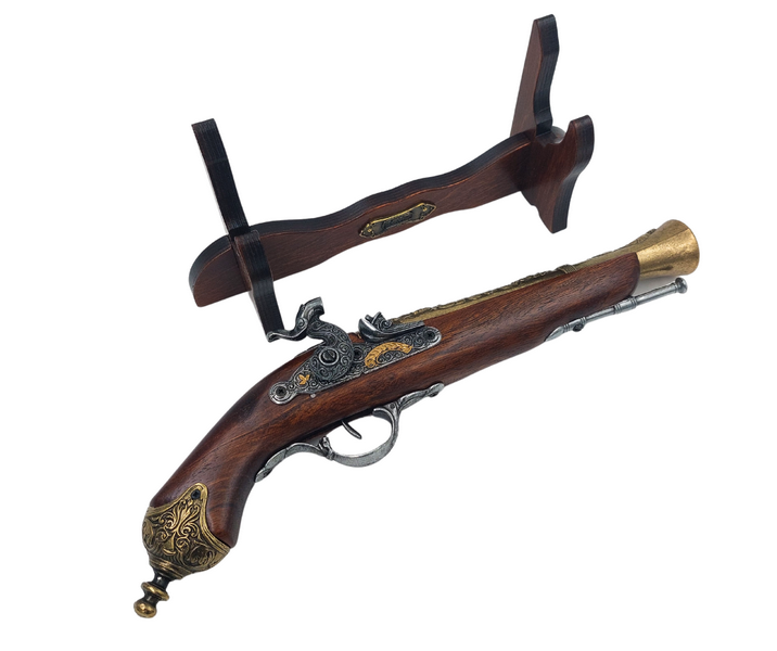 Réplica de pistola de chispa del siglo XVIII en soporte con posibilidad de personalización mediante grabado - Elemento decorativo elegante e ideal para regalo para amantes de la historia - Fabricado en metal y madera, longitud 38 cm