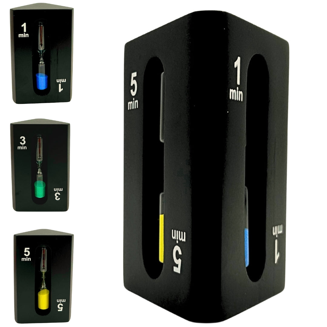 Reloj de arena triangular 1-3-5 minutos negro con posibilidad de grabado