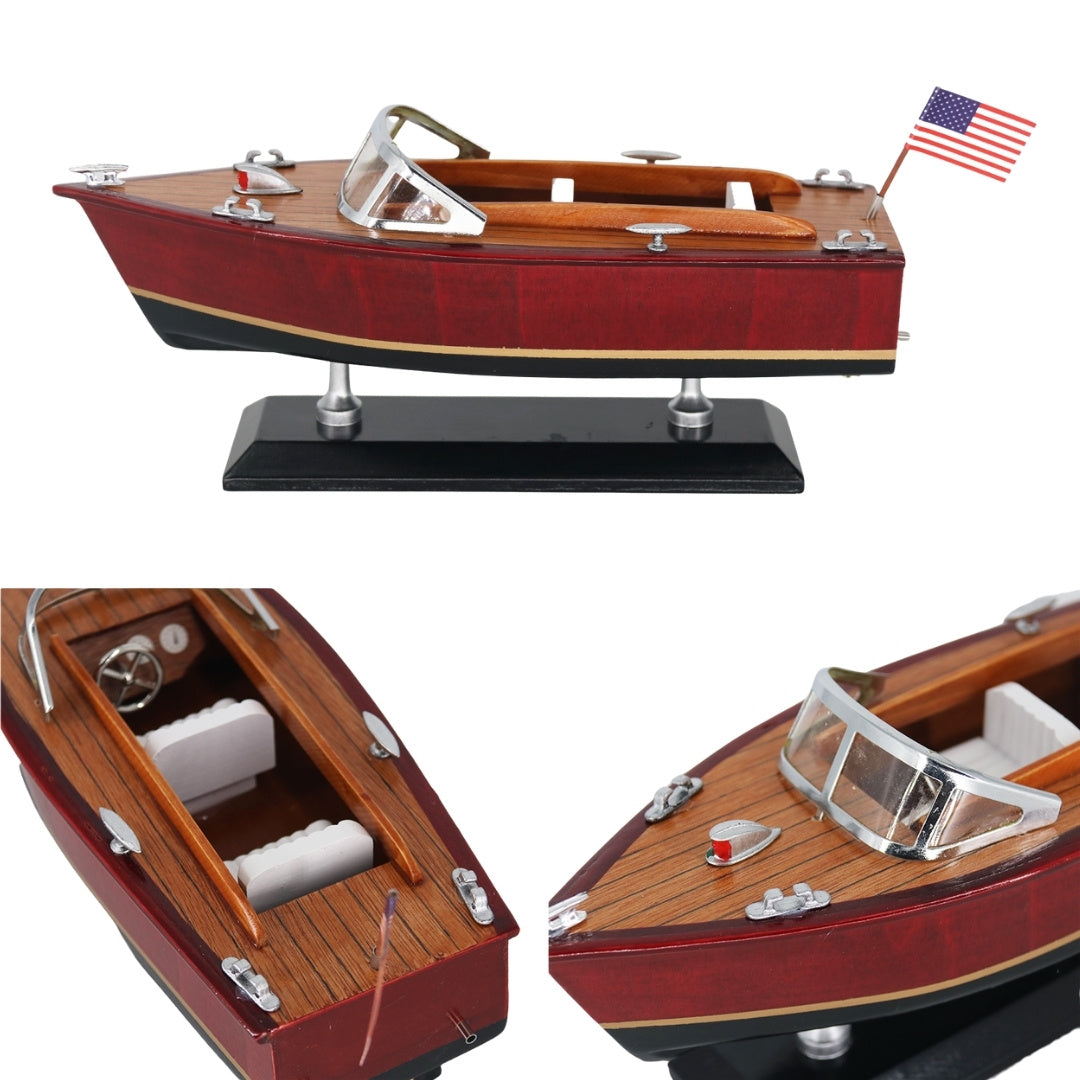 Modelo de lancha motora de madera con grabado – barco motor clásico 26 cm en tonos profundos de madera