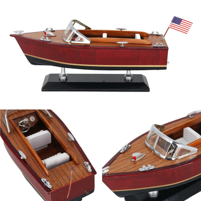 Modelo de lancha motora de madera con grabado – barco motor clásico 26 cm en tonos profundos de madera