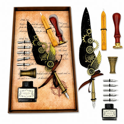 Set de Caligrafía Premium con Pluma de Ganso, 6 Plumillas Intercambiables, Sello y Soporte