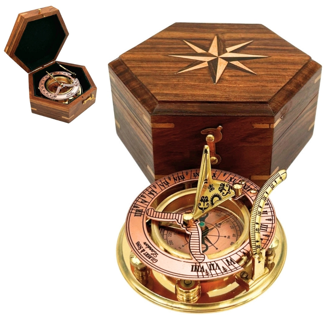 Brújula de latón con reloj de sol en elegante caja de madera - regalo ideal con opción de personalización con grabado - estilo retro, fabricación clásica, alta calidad