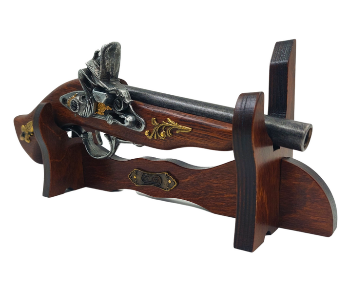Réplica de pistola italiana del siglo XVII en soporte con posibilidad de personalización mediante grabado - Elemento decorativo elegante para regalo, fabricado en madera y metal pulido, longitud 30 cm