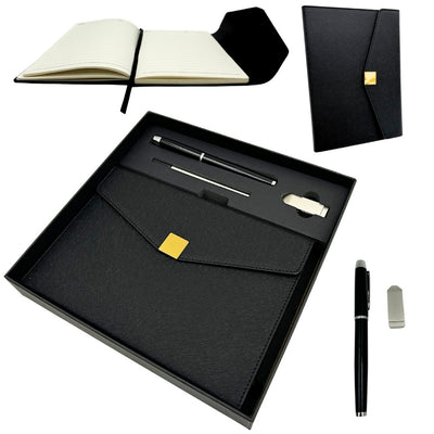 Elegante set de regalo premium con personalización – Cuaderno de cuero A5, bolígrafo y pendrive de 16GB en caja negro y dorado