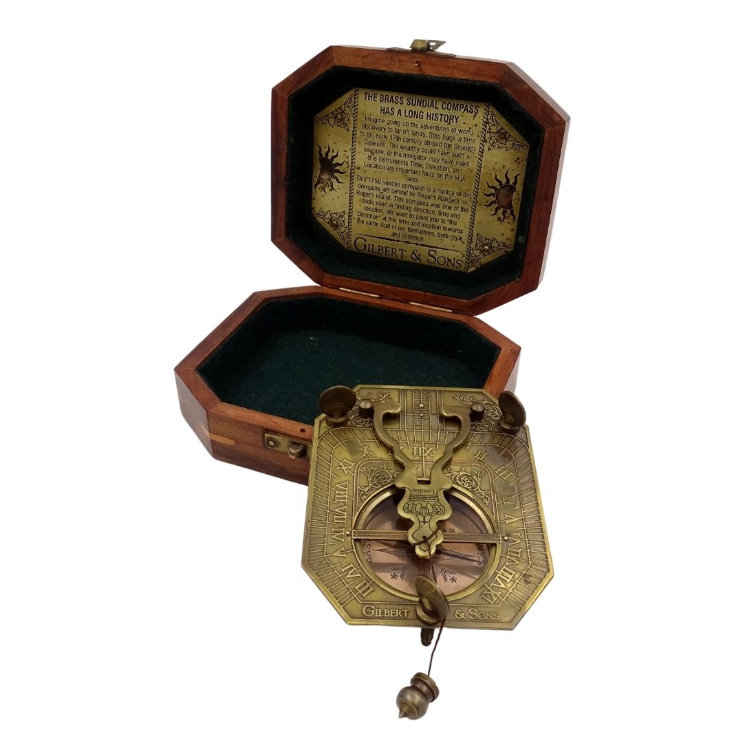 Reloj de sol con brújula retro en caja de madera con posibilidad de personalización de grabado