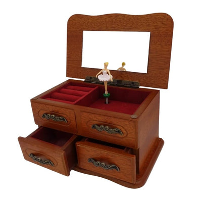 Caja de música de madera tipo joyero con espejo y grabado: un elegante regalo para joyas con dos cajones, 10cm de alto, melodía «The Entertainer»