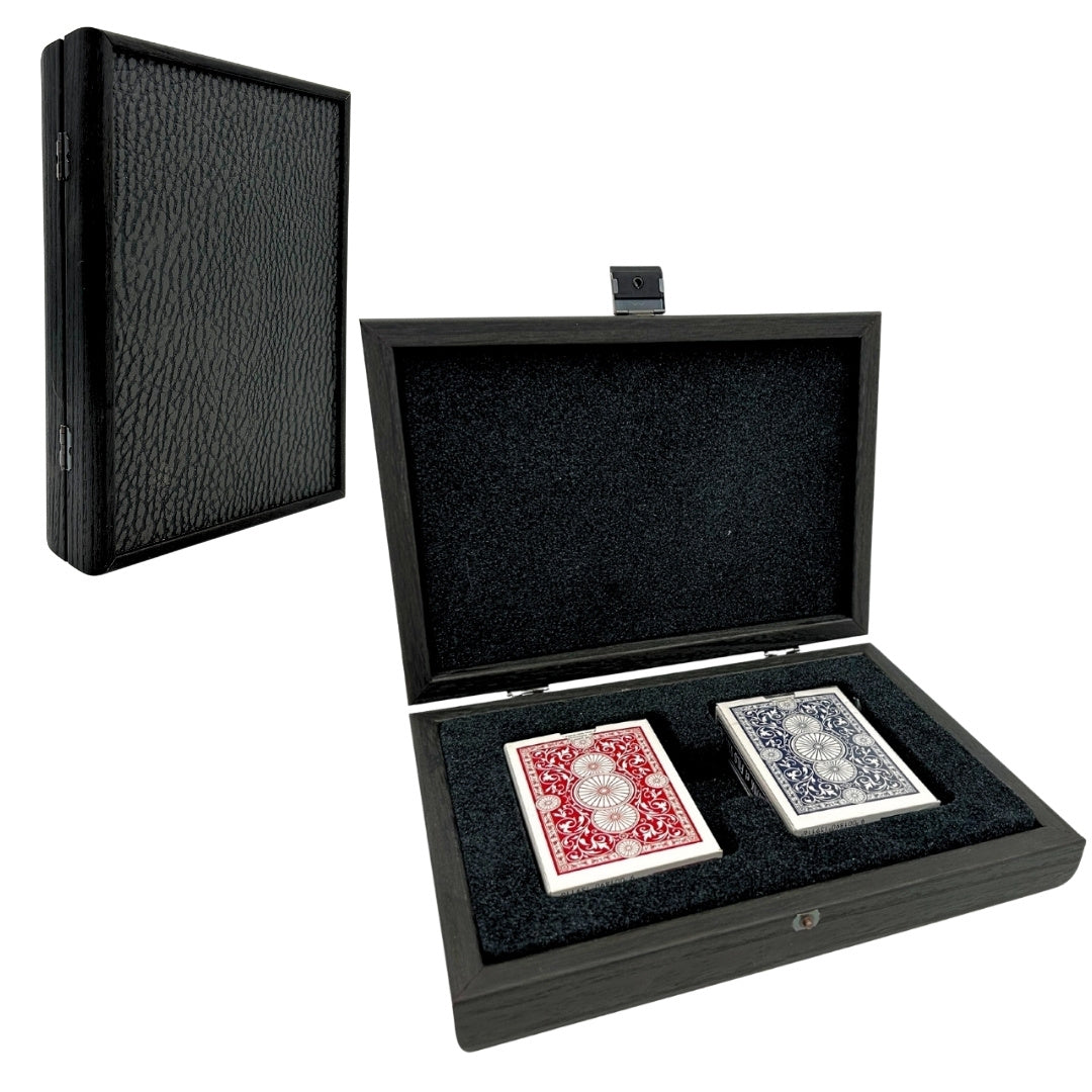 Cartas de juego exclusivas en caja decorativa con posibilidad de personalización con grabado - Azul oscuro y rojo, caja de madera con forro de terciopelo