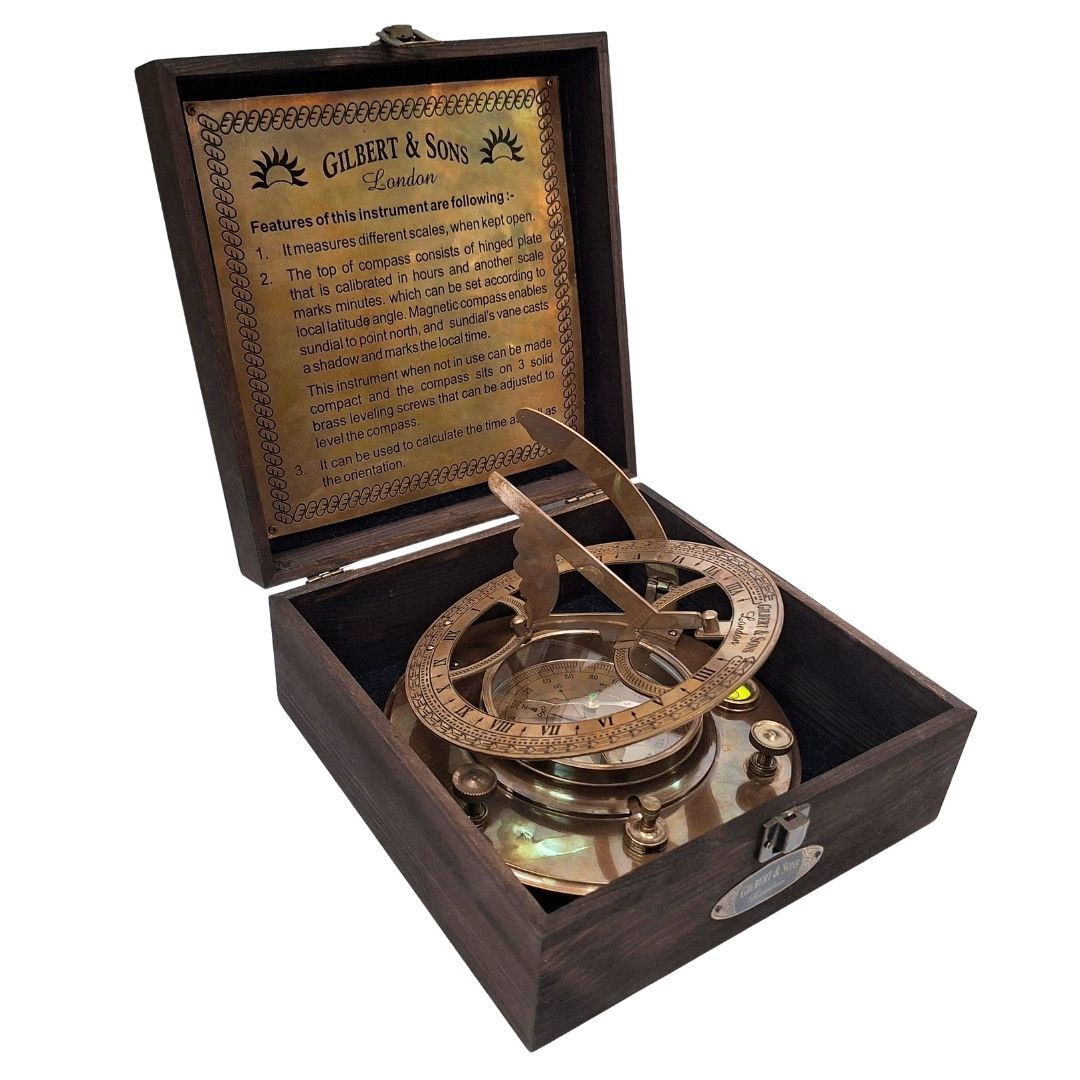 Brújula de latón de 20 cm con reloj de sol en caja de madera, con posibilidad de personalizar el grabado