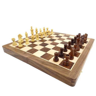 Ajedrez de madera 40x40 cm con grabado - tablero plegable de palisandro indio en color marrón-beige