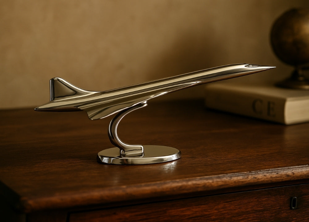 Modelo metálico de avión Concorde en color plateado con opción de grabado personalizado