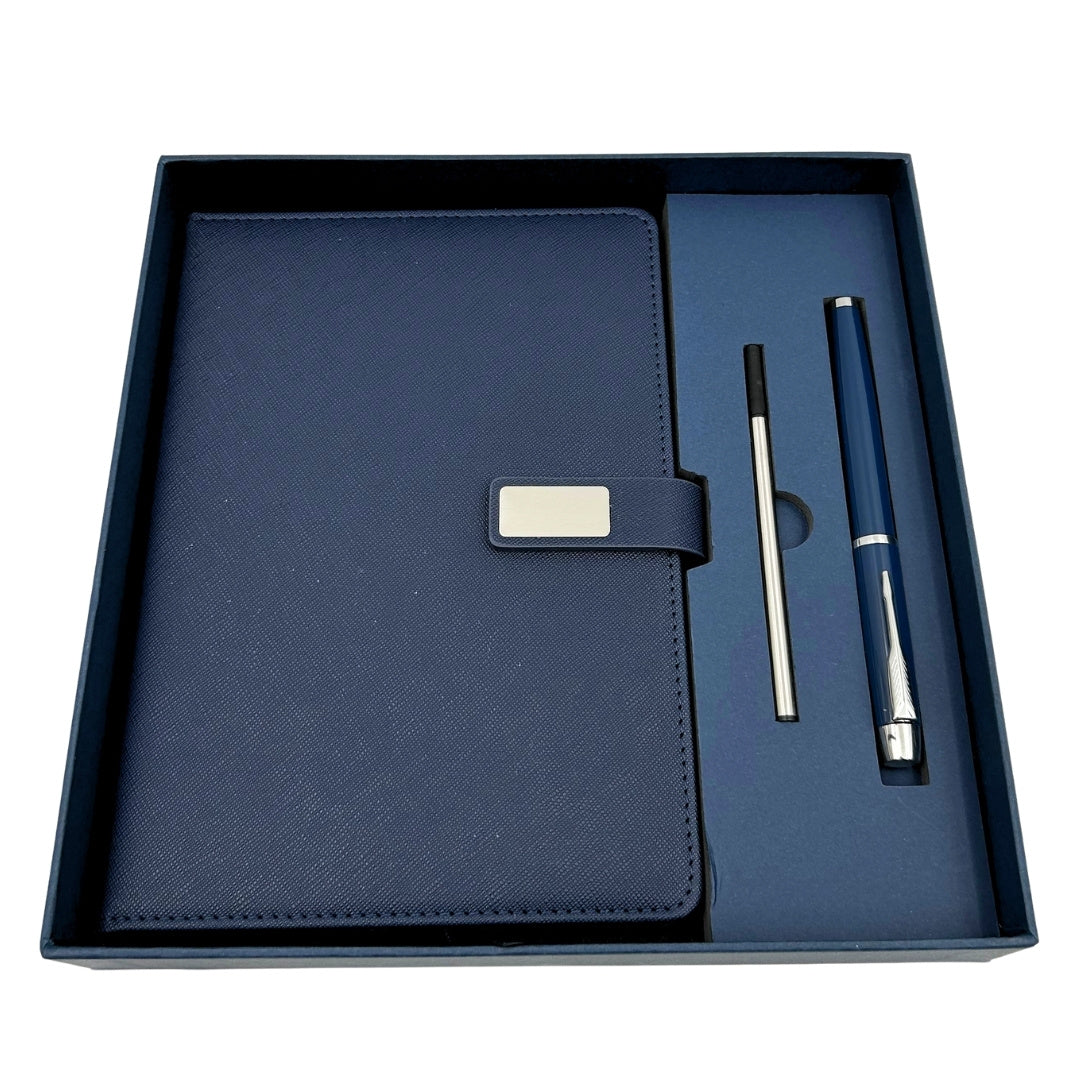 Cuaderno de Piel Azul Marino Elegante A5 con Bolígrafo y Grabado Personalizado en Caja de Regalo