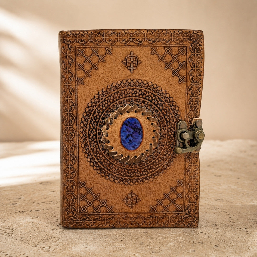 Cuaderno de Piel Retro con Piedra - Cuaderno Personalizado con Grabado - Piel de Búfalo, Marrón, 18x13 cm