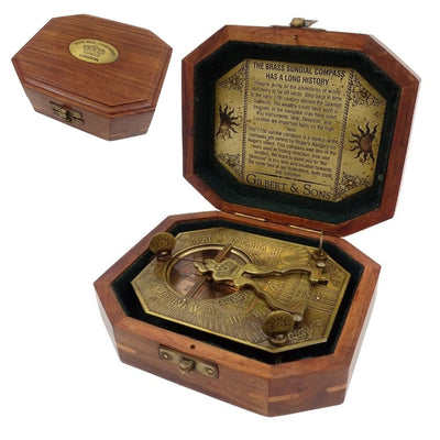 Reloj de sol con brújula retro en caja de madera con posibilidad de personalización de grabado