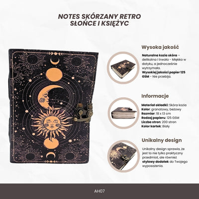 Cuaderno de cuero Sol y Luna decorativo de 200 páginas con posibilidad de personalización con grabado, azul marino, hecho de piel de cabra, ideal para regalo
