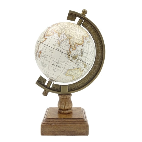 Globo decorativo estiloso Amundsen sobre base de madera con grabado - Adorno elegante para interiores clásicos, loft y coloniales, ideal para regalo - Altura 26,5 cm, color blanco y marrón, toque educativo en inglés