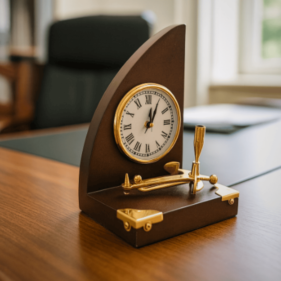 Elegante conjunto marinero de escritorio Reloj y soporte para bolígrafo de latón y madera lacada – Grabado personalizado – Regalo ideal para jefe o amante del estilo vintage – Dimensiones 16 x 12,5 x 23 cm  