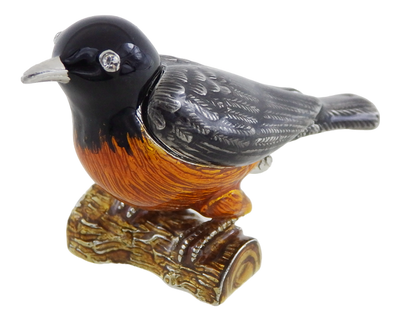 Caja metálica en forma de pajarito con cristales, personalizada con grabado, ideal para regalo - negra, plateada, marrón, naranja, dimensiones 5x6x5 cm, material: metal, esmalte, cristal