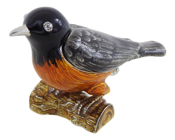 Caja metálica en forma de pajarito con cristales, personalizada con grabado, ideal para regalo - negra, plateada, marrón, naranja, dimensiones 5x6x5 cm, material: metal, esmalte, cristal