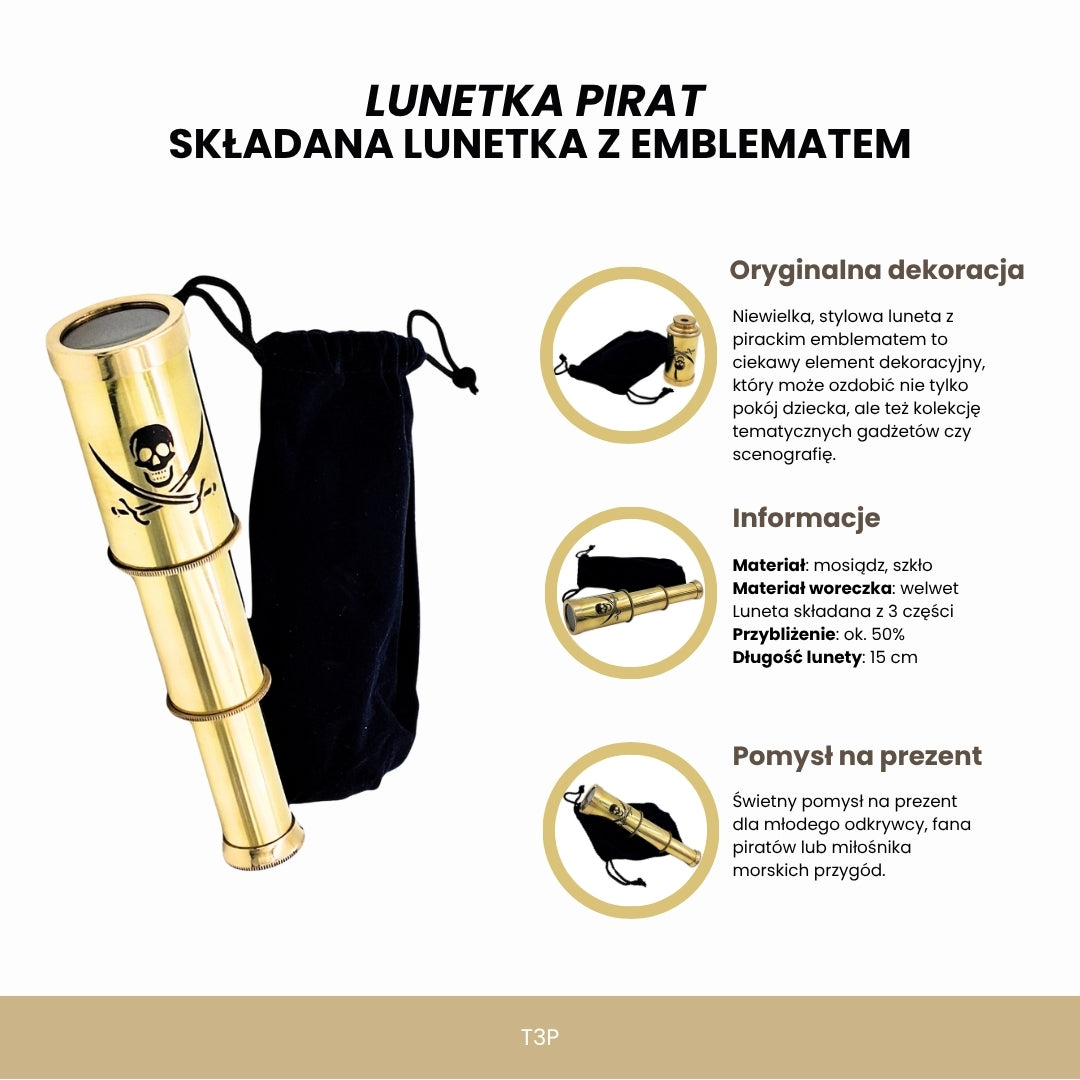 Catalejo pirata con emblema – catalejo plegable de latón con grabado – regalo ideal para jóvenes exploradores del mar – altura 15 cm, conjunto con bolsa de terciopelo