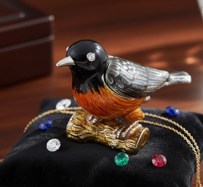 Caja metálica en forma de pajarito con cristales, personalizada con grabado, ideal para regalo - negra, plateada, marrón, naranja, dimensiones 5x6x5 cm, material: metal, esmalte, cristal