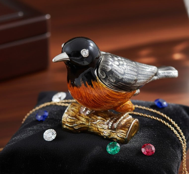 Caja metálica en forma de pajarito con cristales, personalizada con grabado, ideal para regalo - negra, plateada, marrón, naranja, dimensiones 5x6x5 cm, material: metal, esmalte, cristal