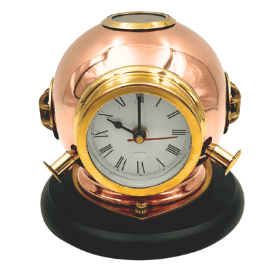 Reloj de escritorio Casco de buzo con brújula - Latón sobre base de madera con opción de grabado personalizado - Regalo ideal para amantes del mar y estilo vintage - Altura 16 cm, diámetro del reloj 8,5 cm  