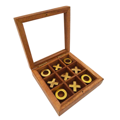 Elegante juego de tres en raya en caja con tapa de cristal con posibilidad de personalización mediante grabado - conjunto de lujo de madera y latón, ideal para regalo a profesores y directores - dimensiones 12,5 x 12,5 x 2,5 cm