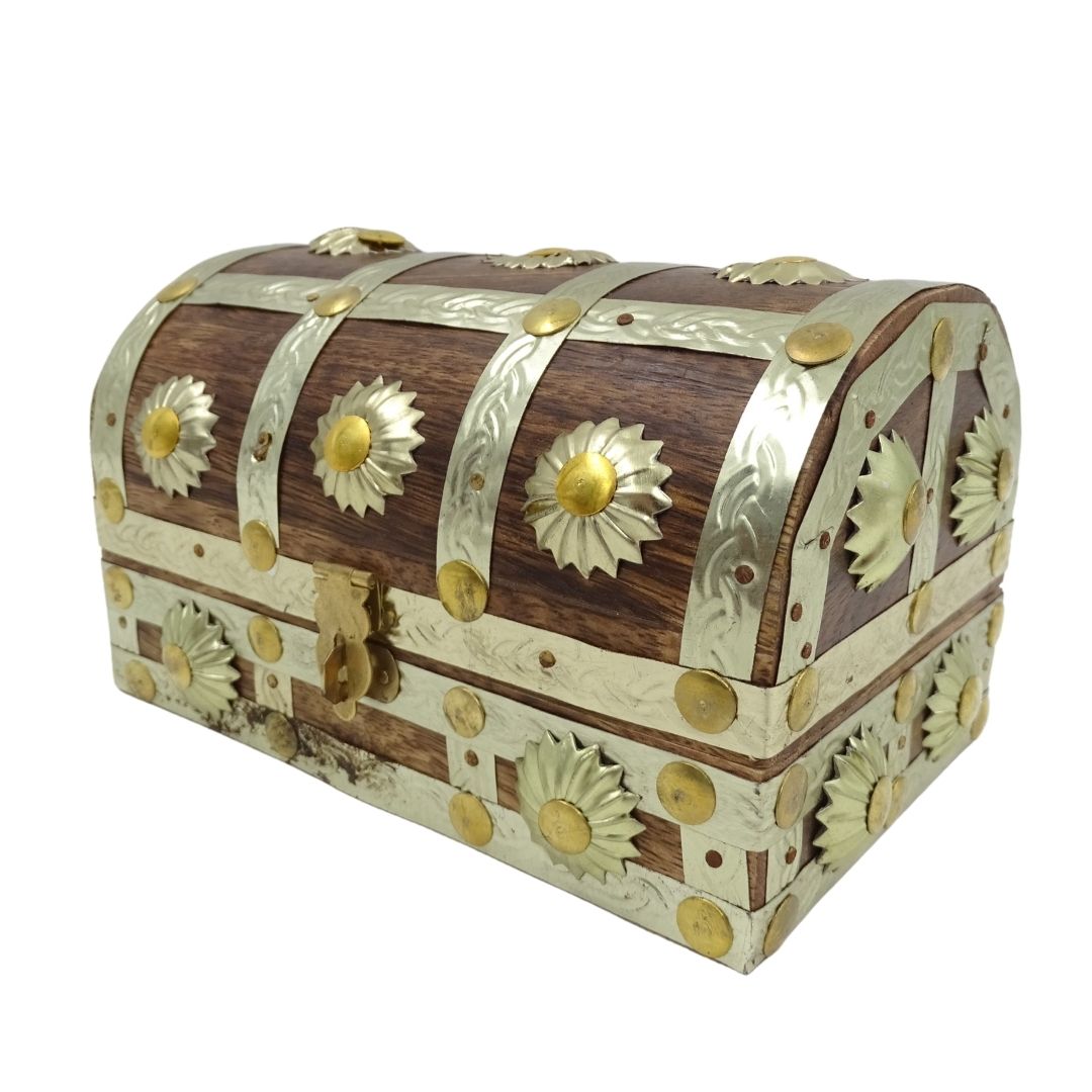 Caja de madera para objetos varios SE14 con posibilidad de personalización de grabado, marrón y dorada, ideal para regalo – 16x9,5x10 cm
