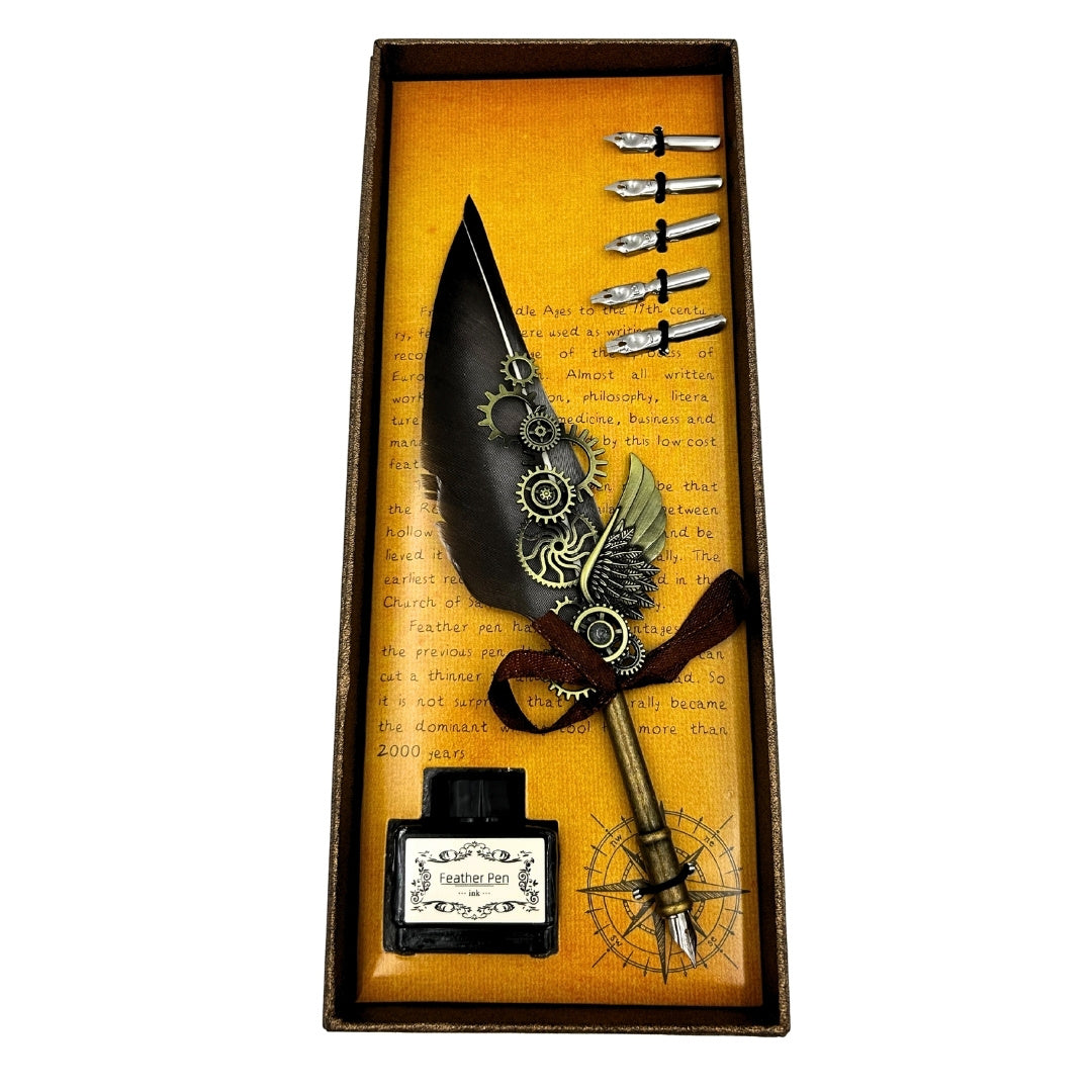 Elegante set de caligrafía retro con pluma de ganso gris, 6 plumillas, tinta de 15 ml y opción de personalización con grabado