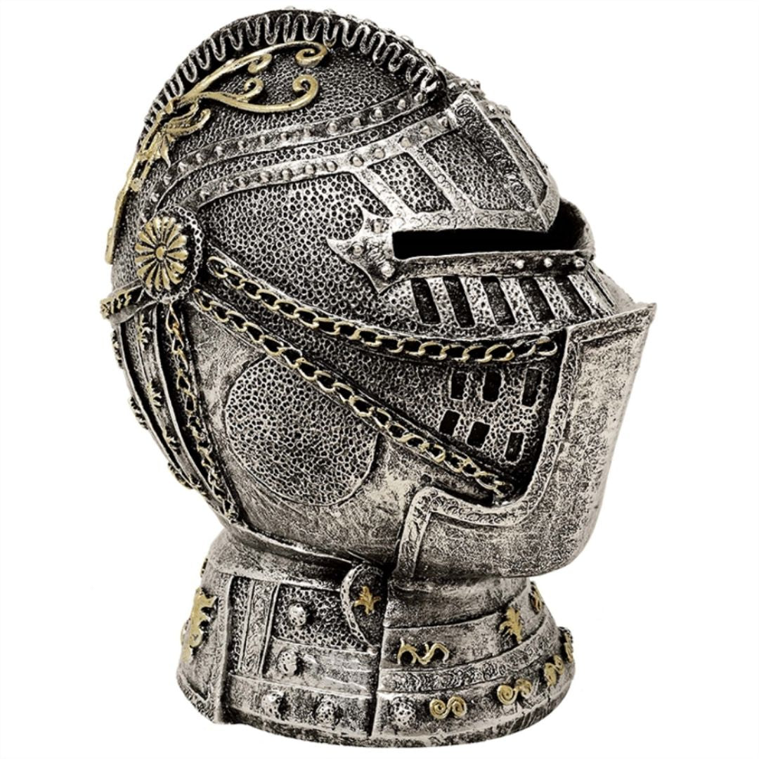 Hucha decorativa con forma de casco de caballero y grabado: plata envejecida, 13 cm