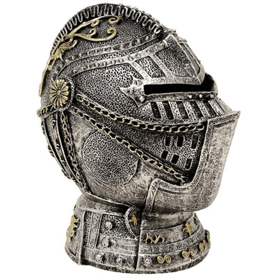 Hucha decorativa con forma de casco de caballero y grabado: plata envejecida, 13 cm