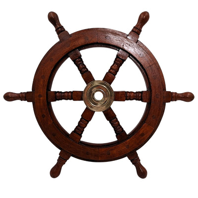 Timón de madera de 45 cm con centro de latón - grabado personalizado - decoración marinera retro para regalo a navegante o amante del mar