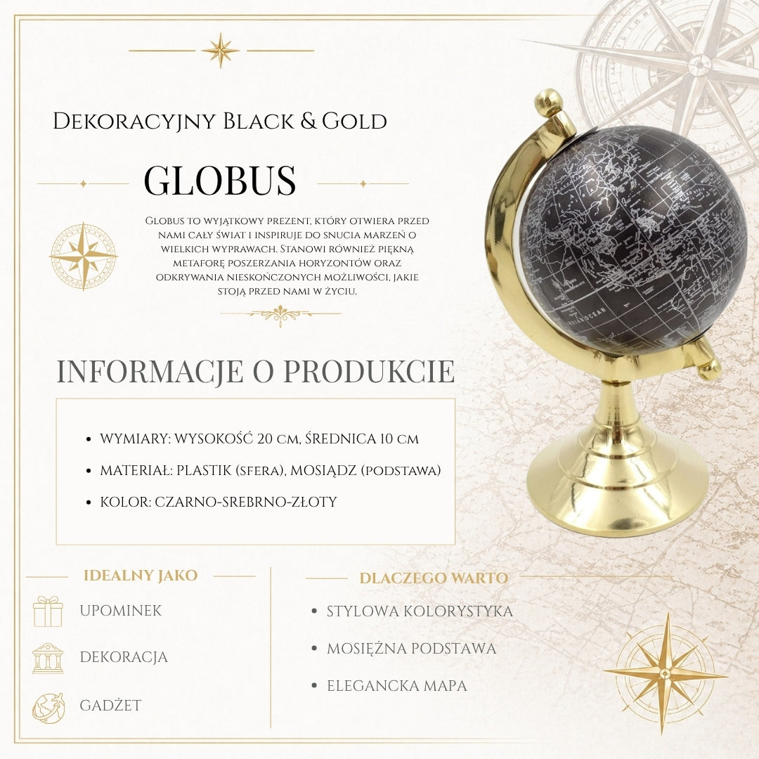 Globo decorativo Black & Gold con posibilidad de grabado personalizado – accesorio elegante para regalo, altura 20 cm, base de latón, mapa negro con inscripciones plateadas