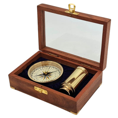 Set de regalo con brújula de latón y catalejo en elegante caja de madera con grabado