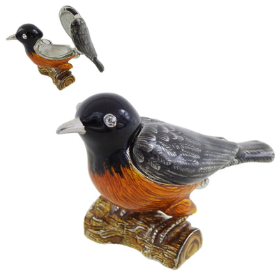 Caja metálica en forma de pajarito con cristales, personalizada con grabado, ideal para regalo - negra, plateada, marrón, naranja, dimensiones 5x6x5 cm, material: metal, esmalte, cristal