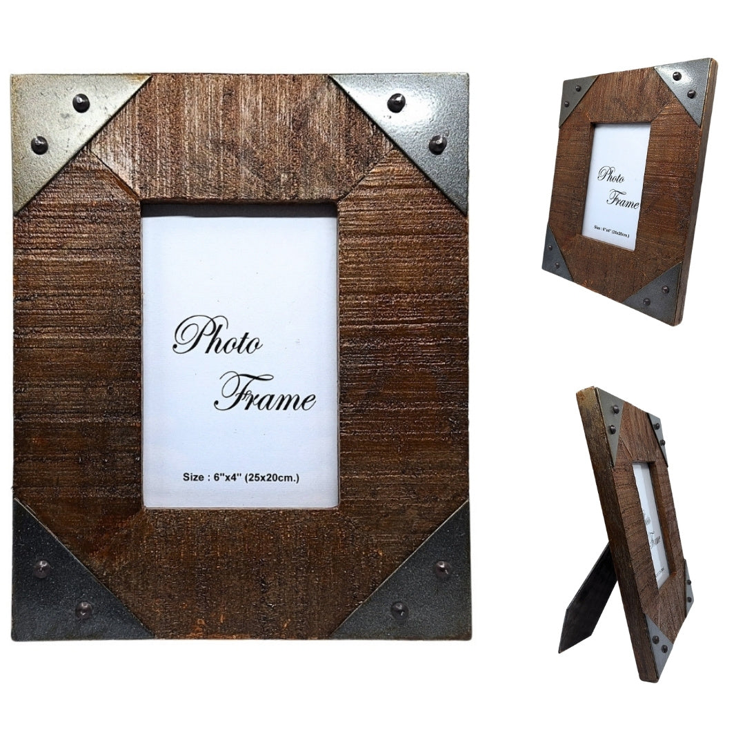 Marco de fotos de madera de mango 10x15 cm con herrajes metálicos, opción de grabado personalizado, ideal para regalo estilo vintage