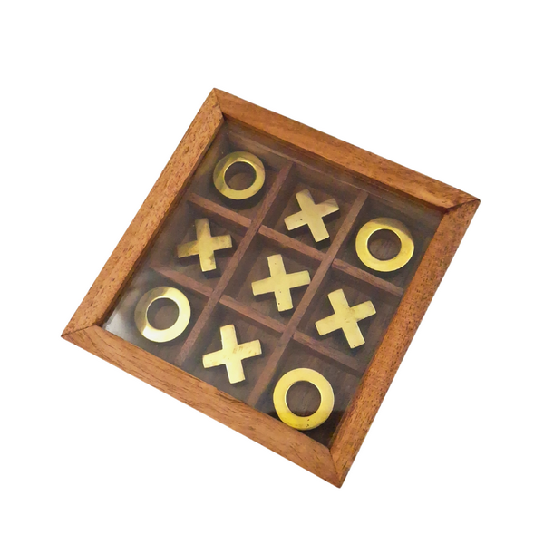 Elegante juego de tres en raya en caja con tapa de cristal con posibilidad de personalización mediante grabado - conjunto de lujo de madera y latón, ideal para regalo a profesores y directores - dimensiones 12,5 x 12,5 x 2,5 cm