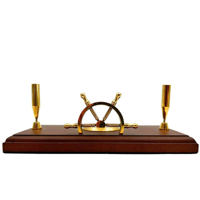 Conjunto marinero de escritorio con grabado – Timón, brújula, soportes para bolígrafos de madera pulida y latón  