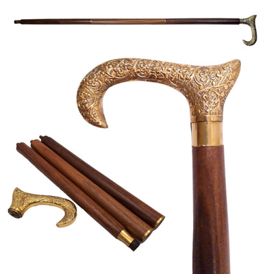 Bastón de madera para caminar con mango dorado - plegable - regalo elegante con opción de personalización mediante grabado - 91,5 cm, marrón con mango de latón