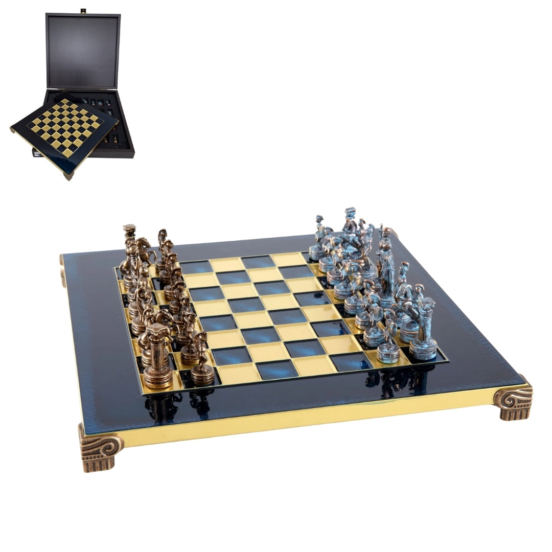 Ajedrez de latón 28 x 28 cm con grabado personalizado – Regalo exclusivo para ajedrecistas, acabado manual de alta calidad, color antiguo con tablero azul marino y dorado