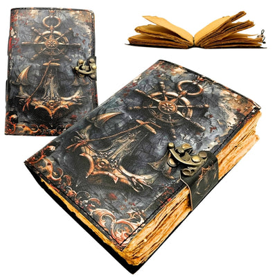Cuaderno de Piel Retro Marinero de 200 páginas con posibilidad de personalización con grabado, ideal para regalo a artistas y viajeros, hecho de piel natural de cabra, color vintage, dimensiones 18 x 13 cm