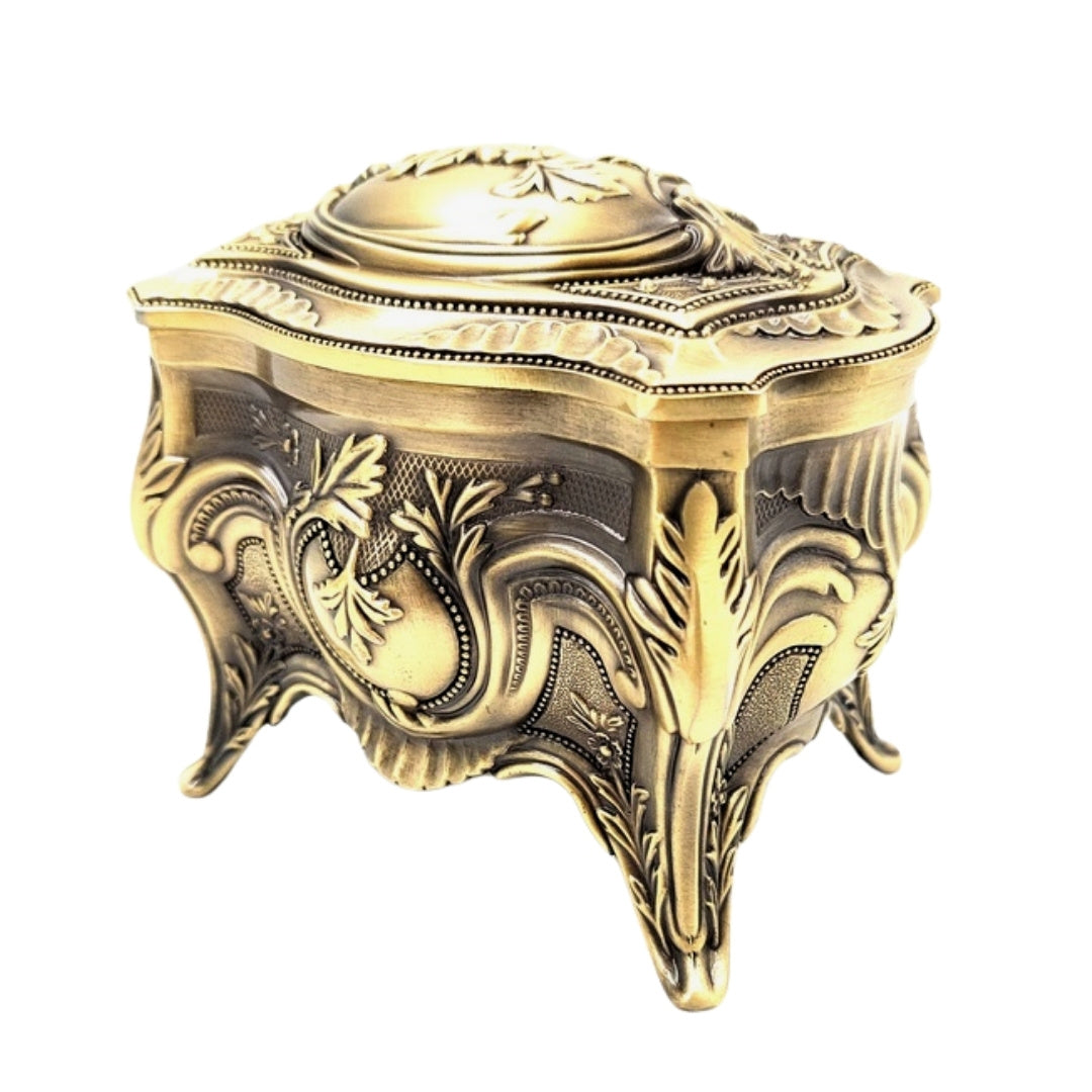 Caja metálica dorada para joyas retro con posibilidad de personalización mediante grabado - Elegante y ricamente decorada, ideal para regalo - Dimensiones: 10,8 x 7,7 x 9,2 cm, maciza y llamativa, perfecta para guardar objetos valiosos