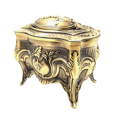 Caja metálica dorada para joyas retro con posibilidad de personalización mediante grabado - Elegante y ricamente decorada, ideal para regalo - Dimensiones: 10,8 x 7,7 x 9,2 cm, maciza y llamativa, perfecta para guardar objetos valiosos