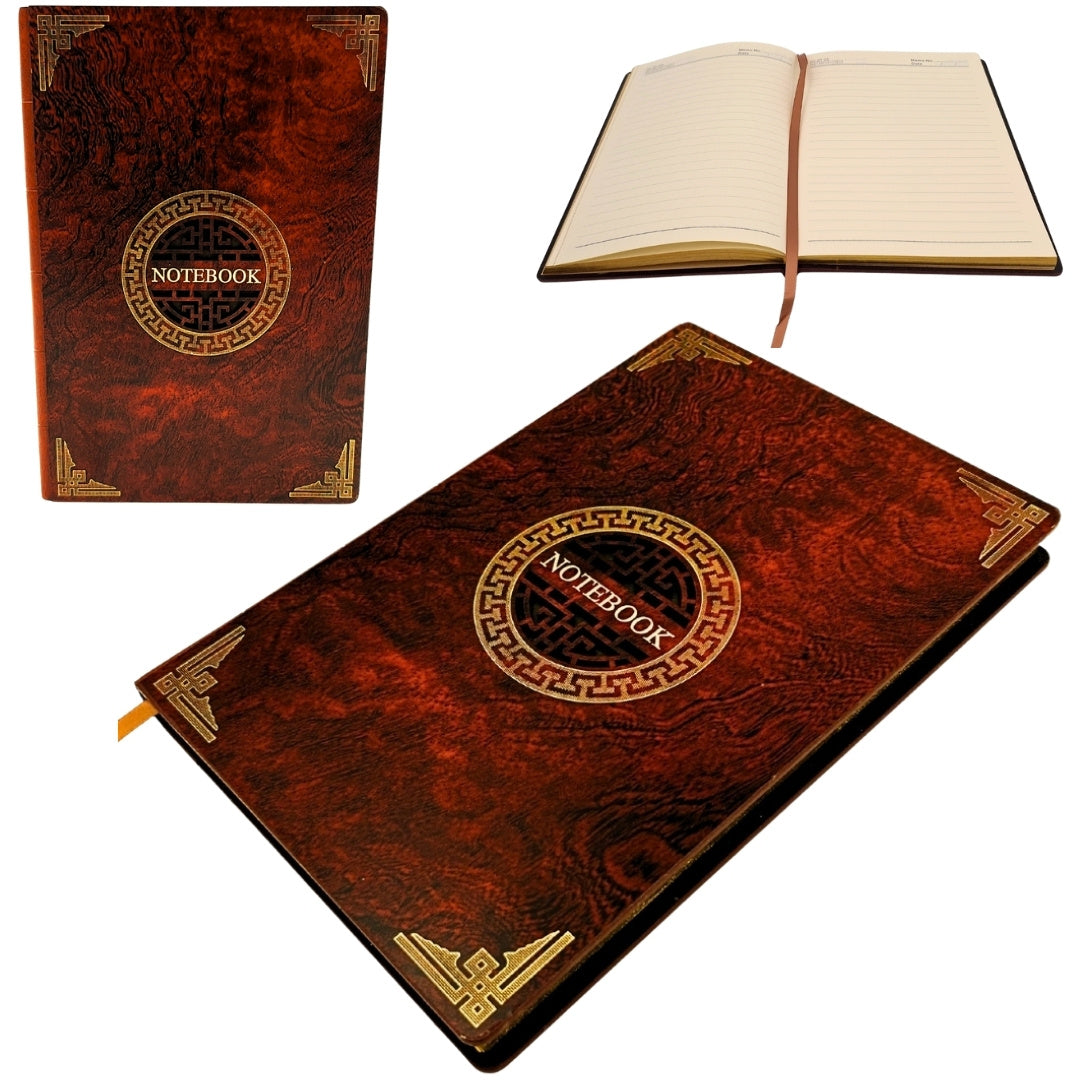 Elegante cuaderno A5 con cubierta de madera y grabado personalizado – diario de lujo para regalo con bordes dorados y papel de alta calidad en color marrón